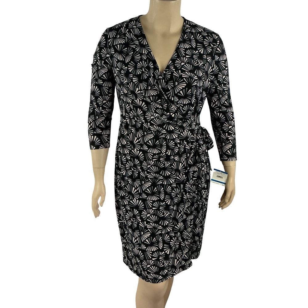 Anne Klein Faux Wrap Dress Black Gray Geometric Size XL - Picture 1 of 7